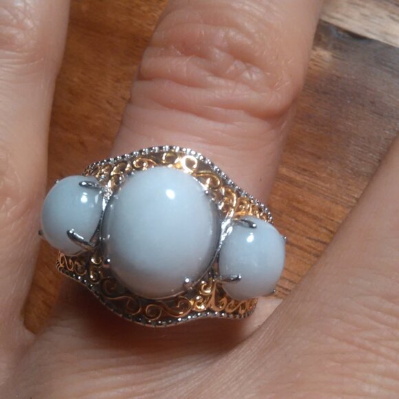 Natural Jade 18K Vermeil Yellow Gold and Sterling Silver Ring (Size 7)